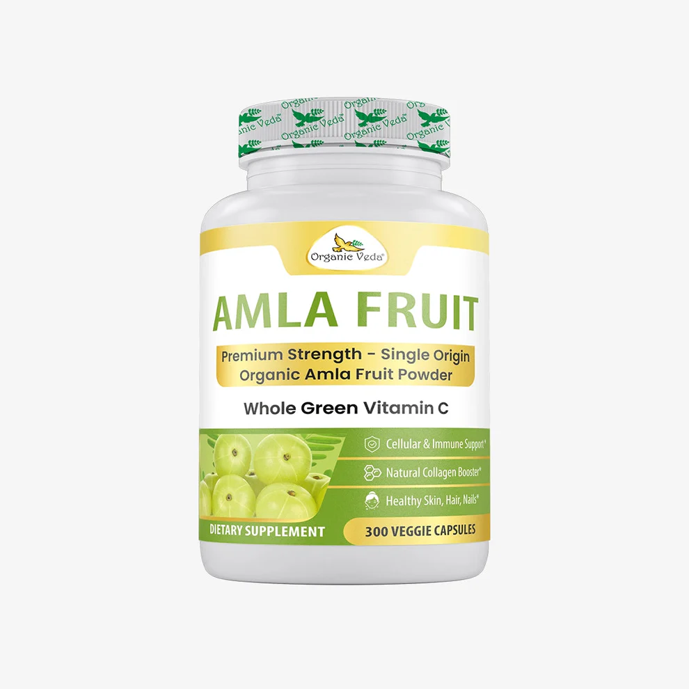 Organic Veda Amla Capsules product bottle featuring 300 plant-based capsules made with organic Indian gooseberry (Phyllanthus emblica), a traditional