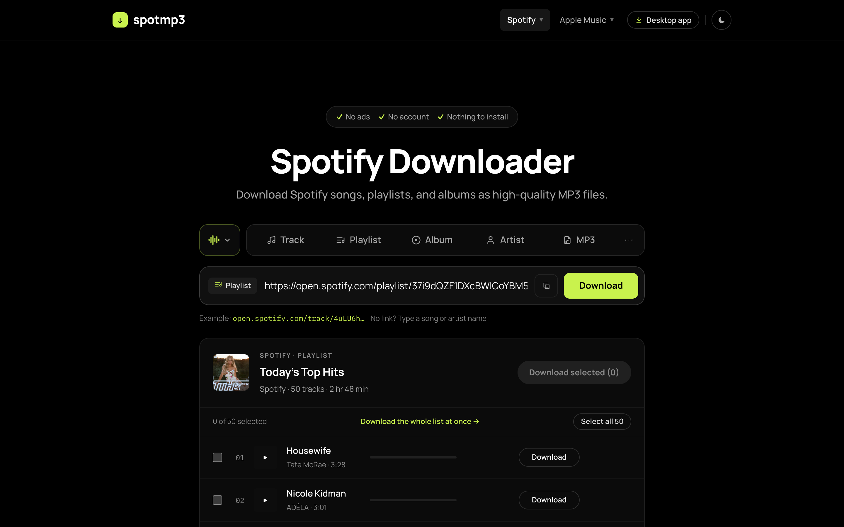SpotMP3 web app with a music link search field and track results.
